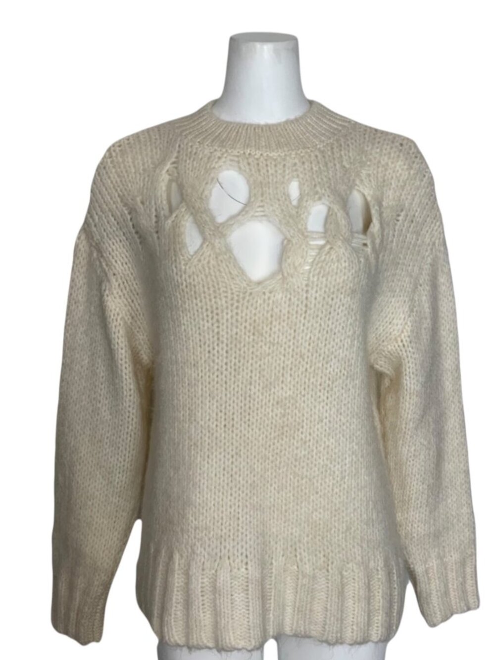 Zara Oversized Ripped Knit Sweater M Cream Ecru Cutouts Crewneck Fall